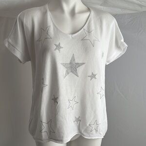 Venti6 white fuzzy glitter rock v-neck knit top L